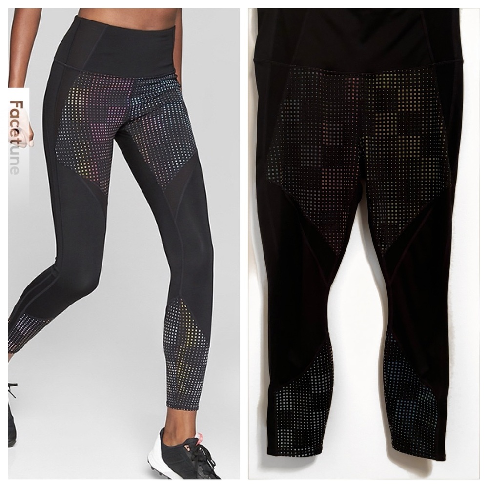 Athleta Aurora Precision Black Reflective Rainbow Dot 7/8 Leggings- M NWOT